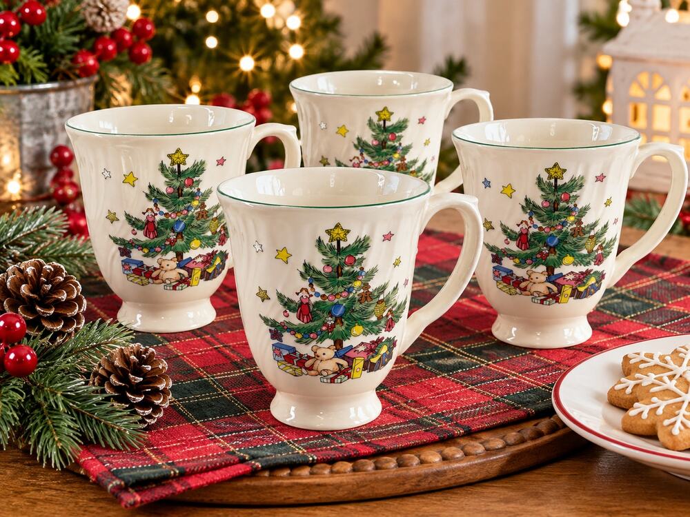 Nikko Happy Holidays Christmas Tree Mugs Set of 4 Pedestal Coffee Cups Japan